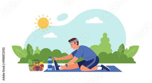 Man stretching outdoors with healthy food and water, sunny day