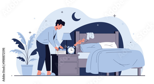 Man Wakes Up to Alarm Clock in Bedroom at Night, Morning Routine Concept