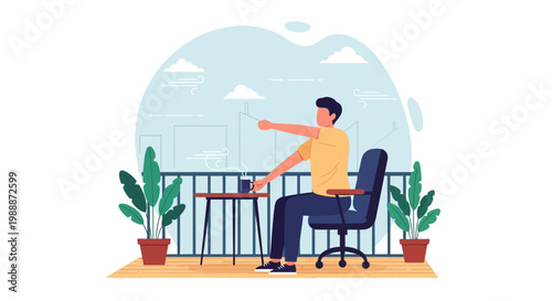 Man stretching on balcony with coffee, enjoying morning view and fresh air