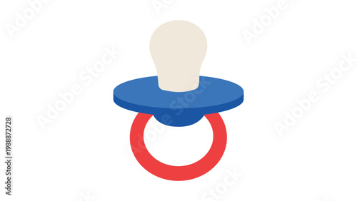 Modern flat vector icon illustration of a baby pacifier with a blue shield, red ring handle, and beige nipple, isolated on a white background for infant care, parenting, and nursery design.