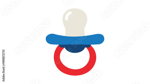 Modern flat baby pacifier vector icon illustration. Clean design of an infant dummy or soother with a blue shield, red ring, and cream nipple isolated on white. Ideal for childcare and parenting.