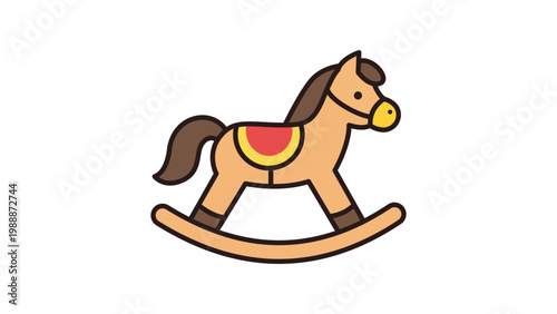 Rocking Horse Vector Illustration, a modern flat icon on a white background representing a wooden toy rocking horse for kids and nursery decor, featuring an editable stroke for customization.