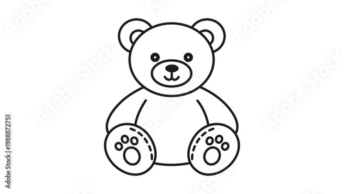 Minimalist Teddy Bear Vector Icon with Editable Stroke. Clean black line illustration of a cuddly stuffed toy bear on white background, perfect for nursery decor, baby gifts, and children's designs.