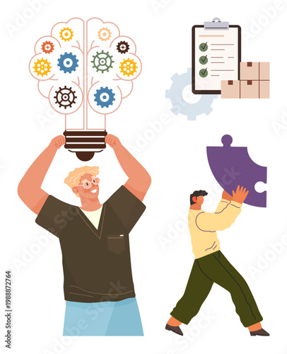 Collaboration, innovation, productivity, project management, brainstorming, problem solving. Man holding lightbulb brainstorming. Collaboration and innovation concept with teamwork and productivity