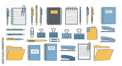 A collection of office supplies including notebooks, pens, pencils, folders, and paper clips neatly arranged on a surface.