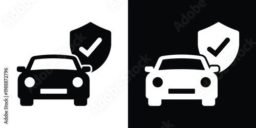 Car silhouette with a shield and checkmark icon. Vector graphic representing automotive insurance, safety certification, vehicle protection, and guaranteed security services.