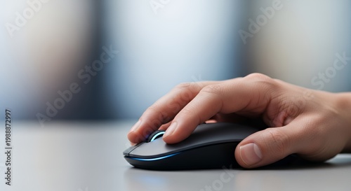 Business Woman Hand Scrolling on Modern Computer Mouse for Financial Analysis and Online Research in Workspace