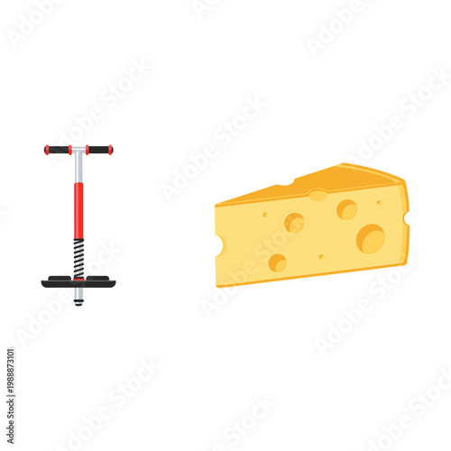 Pogo Stick and Swiss Cheese Slice Isolated on White Background