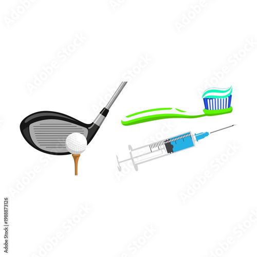 Golf, Toothbrush, and Syringe Isolated on White Background