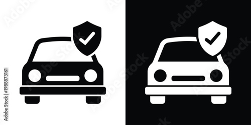 Car silhouette with a shield and checkmark icon. Vector graphic representing automotive insurance, safety certification, vehicle protection, and guaranteed security services.
