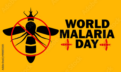 World Malaria Day awareness banner, mosquito silhouette with red prohibition sign on yellow background, global health campaign vector illustration for disease prevention and medical education