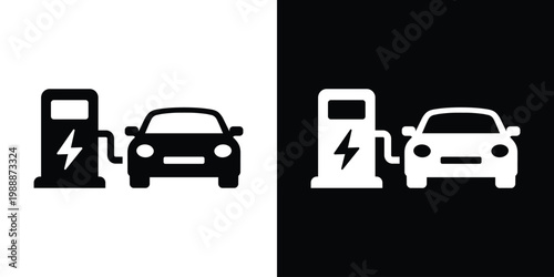 Minimalist electric car icon with a power plug and lightning bolt symbol. Modern vector illustration representing EV charging stations and sustainable green transportation technology.