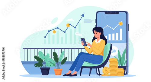 Woman analyzing stock market graph on phone, financial growth concept