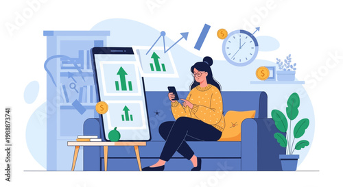 Woman checking stock market app on phone, financial growth concept