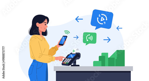 Woman making contactless payment with smartphone at point of sale terminal