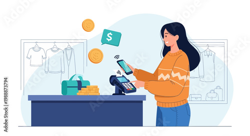 Woman making contactless payment with smartphone at retail store checkout counter