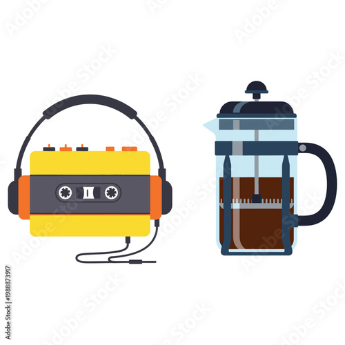 Retro portable music player and coffee press illustration on a white background