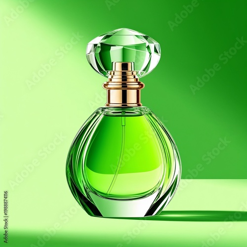 Green perfume bottle with crystal stopper on vibrant green background  