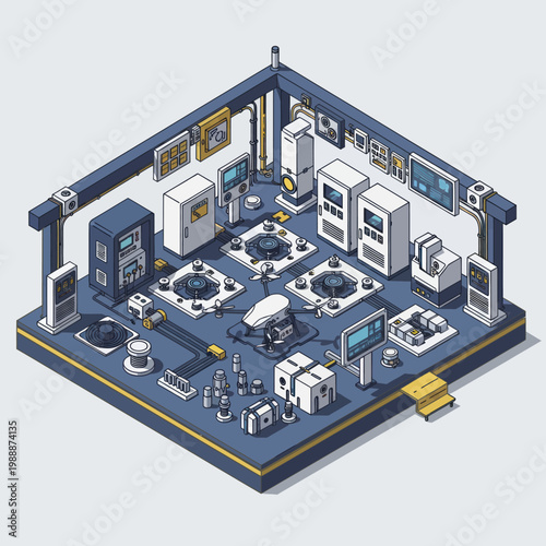 Isometric Factory Production Line With Robotic Arms And Machinery.