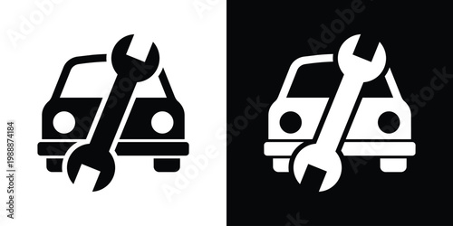 Car icon overlaid with a large wrench tool. Clean vector graphic representing auto repair shops, mechanical maintenance, engine service, and technical automotive diagnostics.