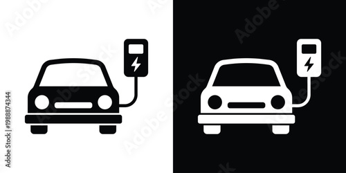 Minimalist electric car icon with a power plug and lightning bolt symbol. Modern vector illustration representing EV charging stations and sustainable green transportation technology.