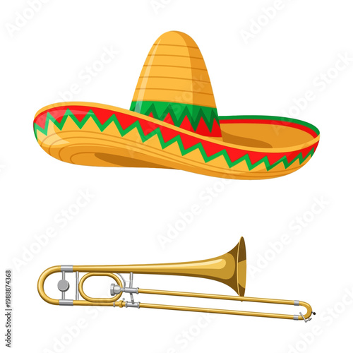 Vibrant Mexican Sombrero Hat and Golden Trombone Instrument for Festive Celebrations