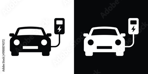 Minimalist electric car icon with a power plug and lightning bolt symbol. Modern vector illustration representing EV charging stations and sustainable green transportation technology.