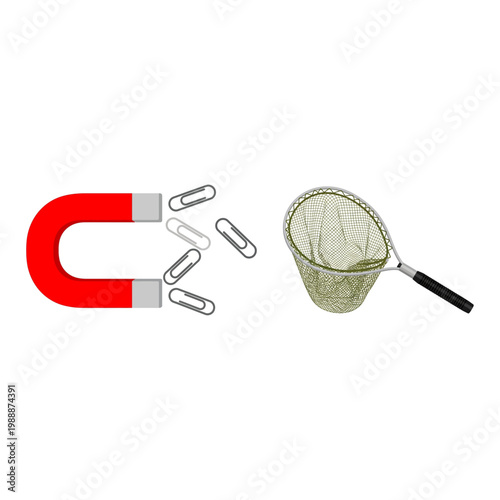 Magnet attracting paperclips and a fishing net on a white background
