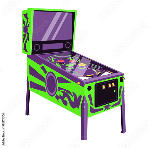 Dynamic neon green and purple pinball machine bringing retro arcade excitement to life