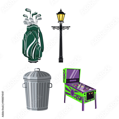 Variety of isolated vector graphics golf bag, street lamp, trash can, and classic pinball
