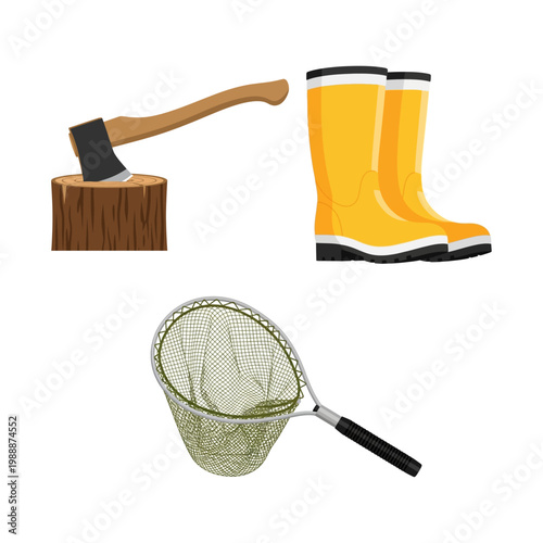 Outdoor Adventure Gear Axe, Boots, and Fishing Net Collection
