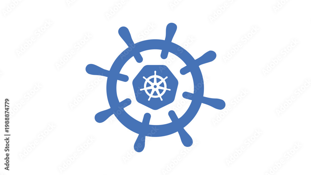Obraz premium Modern flat vector icon illustration of a blue ship helm wheel on a white background, representing Kubernetes and Helm for cloud computing, container orchestration, and software deployment technology.
