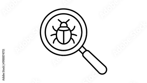 Debugger and Software Testing Minimalist Black Line Vector Icon Featuring a Magnifying Glass Over a Bug; Editable Stroke Illustration for Web Design, App Development, and Pest Control Services.