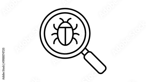 Debugger and Software Testing Editable Stroke Vector Icon. A minimalist black line illustration of a magnifying glass over a bug on a white background for web design and app development.