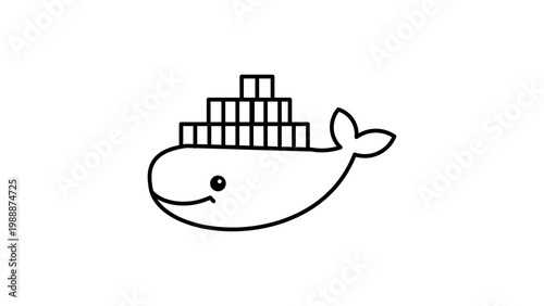 Docker Whale Logo Vector Icon with Editable Stroke, Minimalist Black Line Art Illustration of a Whale Carrying Cargo Containers, Scalable Software Development and Containerization Symbol for Web