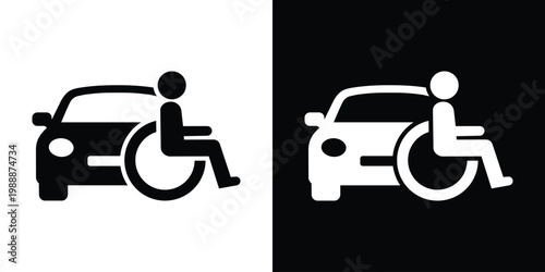 Vector icon set of a wheelchair accessible vehicle. Symbol for disability parking or transport assistance. Minimalist black and white flat design suitable for signage and UI.