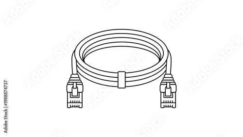 Coiled Ethernet Cable Vector Icon with Editable Stroke. Minimalist Black Line Illustration of a Network LAN Patch Cord for Internet Connection and Data Transfer on White Background.