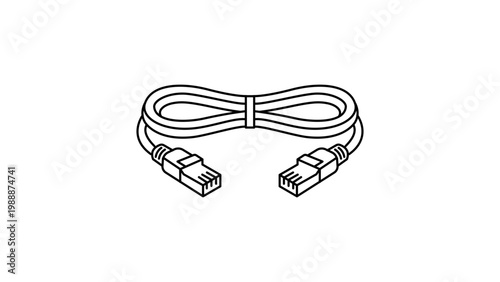 Ethernet Cable Vector Icon with Editable Stroke. Minimalist black line illustration of a coiled network patch cord with RJ45 connectors for internet connection, data transfer, and networking.