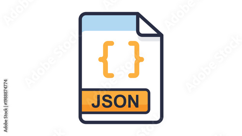 Modern JSON File Format Vector Icon Illustration Featuring Curly Braces and Bold Text. Clean Flat Document Design with Editable Stroke for Web Development, Programming, and Data Exchange.