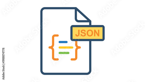 JSON File Format Document Vector Icon Illustration with Curly Braces and Code Snippet on White Background. Modern Flat Design with Editable Stroke for Web Development and Data Exchange.