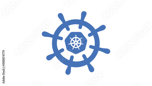 Modern flat vector icon illustration of a blue ship helm wheel on a white background, representing Kubernetes and Helm for cloud computing, container orchestration, and software deployment technology.