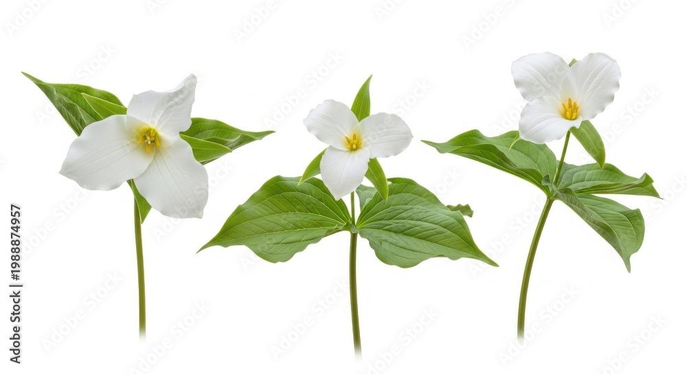 Fototapeta premium Three White Trillium Flowers Isolated on White Background