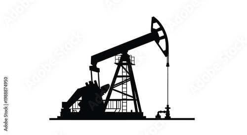 A stark silhouette of a classic oil pump commonly known as a nodding donkey against white