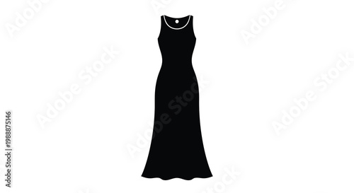 A simple black silhouette of a long elegant evening dress displayed against a white background