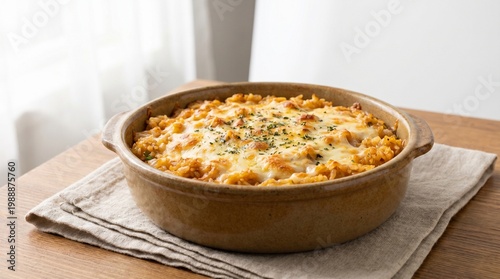Creamy baked rice casserole with golden crust. Isolated on White background
