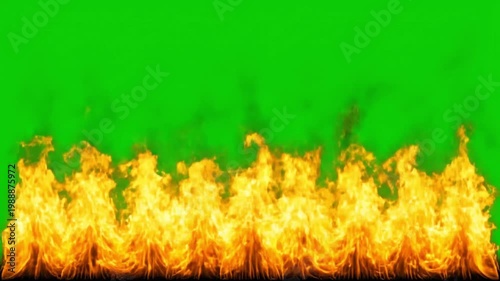 Fiery flames in vibrant orange and yellow hues on green background for video editing