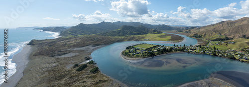 Obraz na płótnie Aerial view of the coastal settlement of Marokopa, Waikato, New Zealand