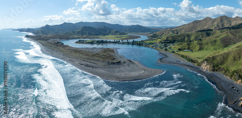 Photos Aerial view of the coastal settlement of Marokopa, Waikato, New Zealand