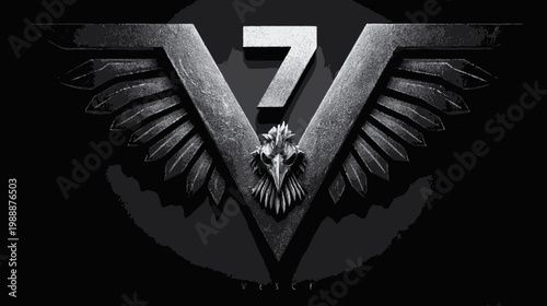 Abstract emblem design with wings and a number seven against a dark backdrop
