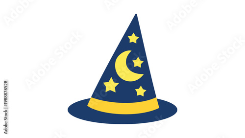 Modern flat vector illustration of a tall pointed wizard hat in dark blue with yellow crescent moon and stars, isolated on white background. Ideal for magic, fantasy, sorcery, and mystical themes.